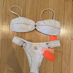 White & Brown Striped Bandeau Bikini Set